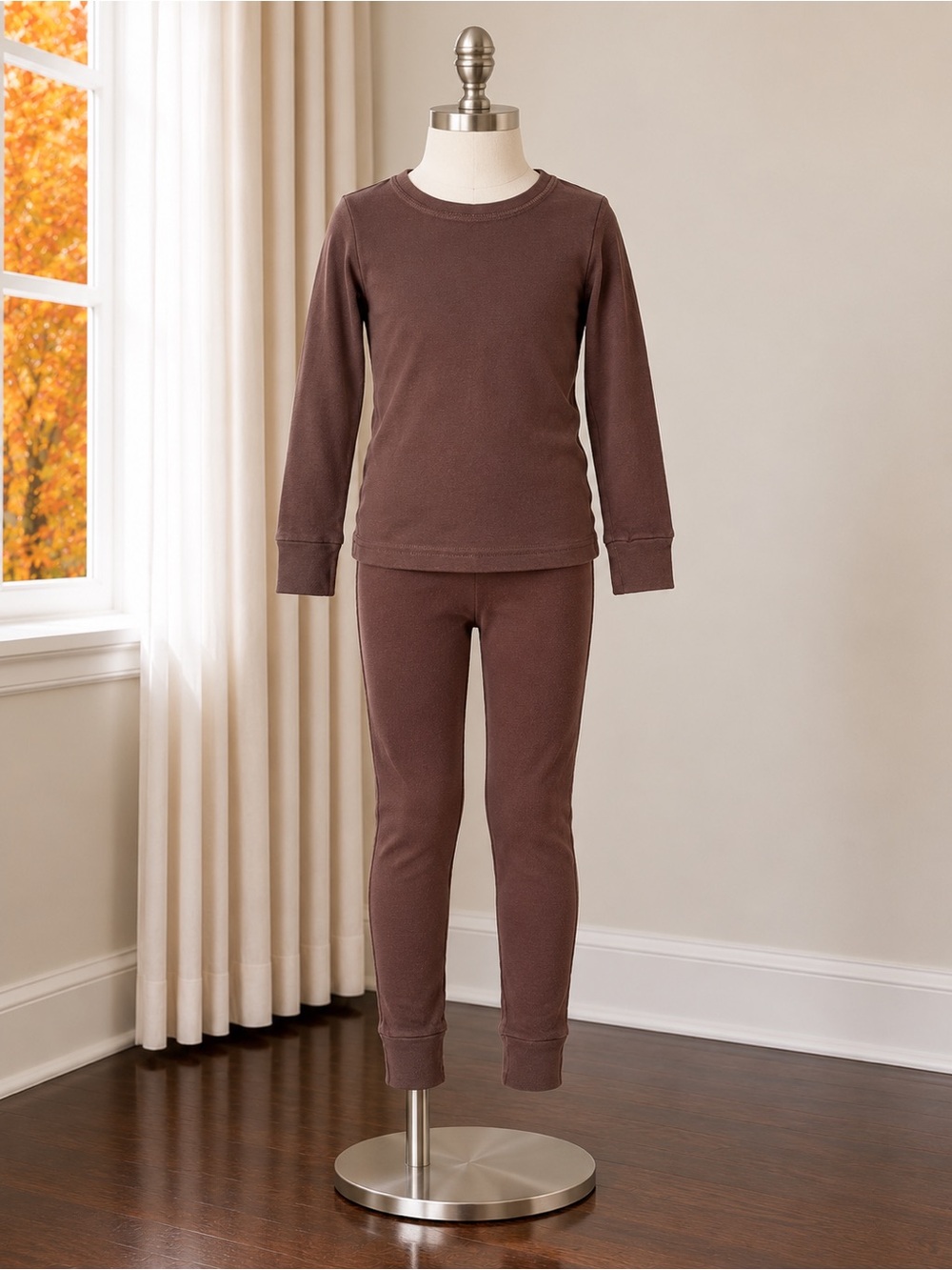 Kids Brown Long Sleeve Thermal Pajama Set - Cozy Two-Piece